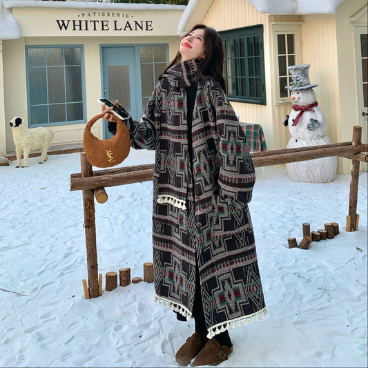 【アウター】エスニック プリント 合わせやすい 春 秋 冬 マフラー 帽子 綿入り コート 3点セット【SHシリーズ】