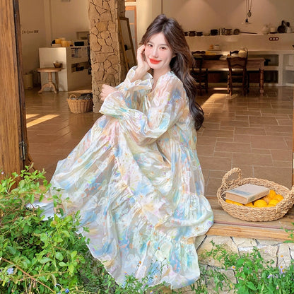 【ワンピース】超かわいい バタフライプリント ワンピース 春夏 ムード感たっぷり ハイウエスト 日焼け防止 ロングドレス【SHシリーズ】