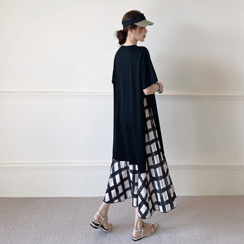 【ワンピース】☀️夏 新作 大きいサイズ レディース チェック柄 重ね着風 半袖ワンピース ゆったり 体型カバー【SHシリーズ】