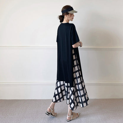 【ワンピース】☀️夏 新作 大きいサイズ レディース チェック柄 重ね着風 半袖ワンピース ゆったり 体型カバー【SHシリーズ】