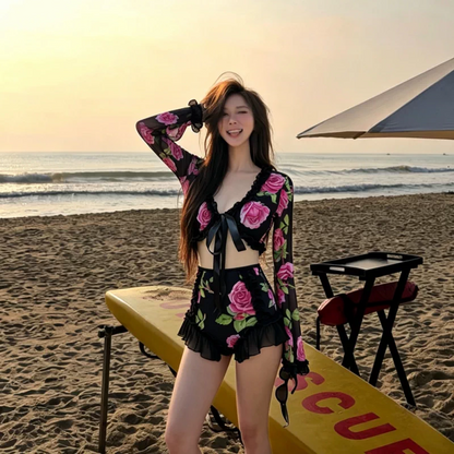 【インナー】ローズ柄ビキニ レディース 長袖水着 深Vネック セパレート リゾート【SHシリーズ】