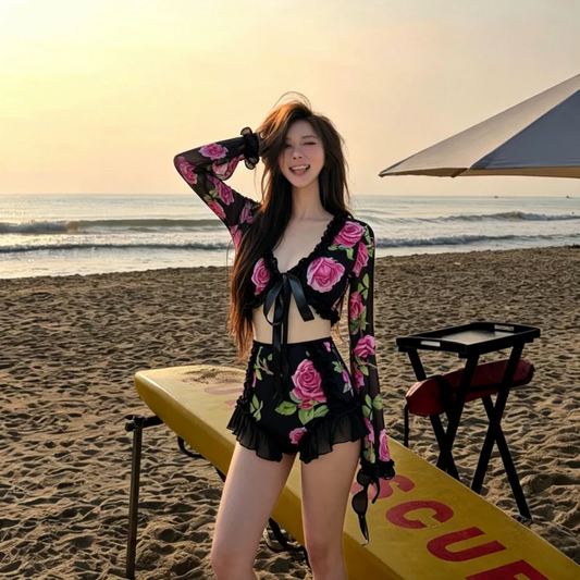 【インナー】ローズ柄ビキニ レディース 長袖水着 深Vネック セパレート リゾート【SHシリーズ】