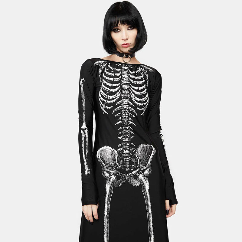 【ハロウィン】新作 個性 セクシー ロングワンピース コスプレ プリント スカル柄