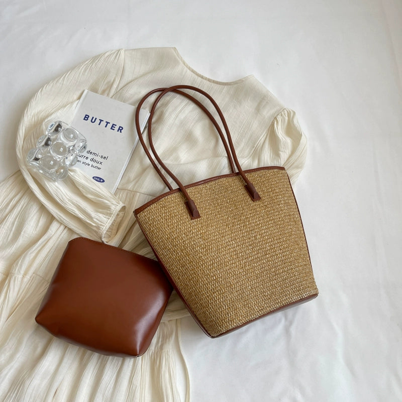 内袋プレゼント！【バッグ】ラフィア風トートバッグ 大容量 通勤OK 流行バケツ型ショルダー