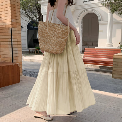 【ボトムス】ドレープ感 ハイウエスト フレアAライン シフォン ケーキプリーツスカート【JZシリーズ】