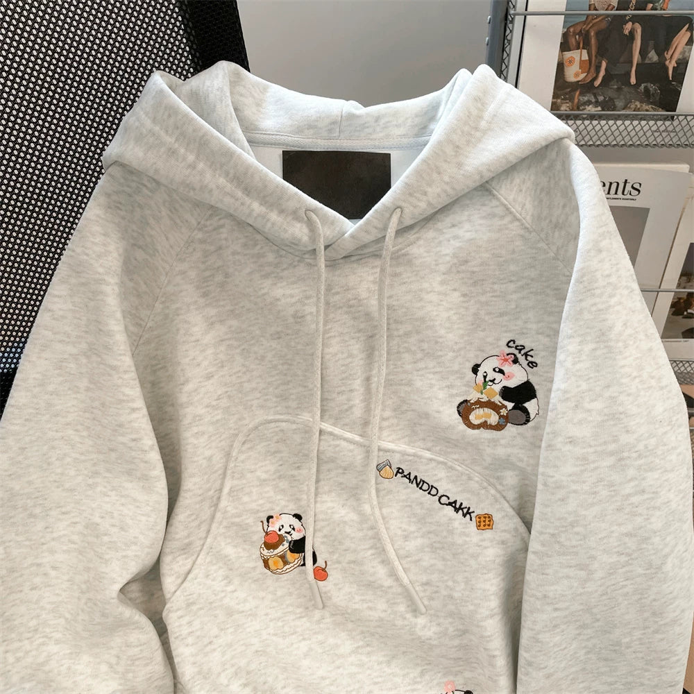 【トップス】韓国風 カレッジテイスト 🐼パンダ刺繍 裏起毛 厚手 フード付きスウェット レディース 冬 Panda【FCシリーズ】