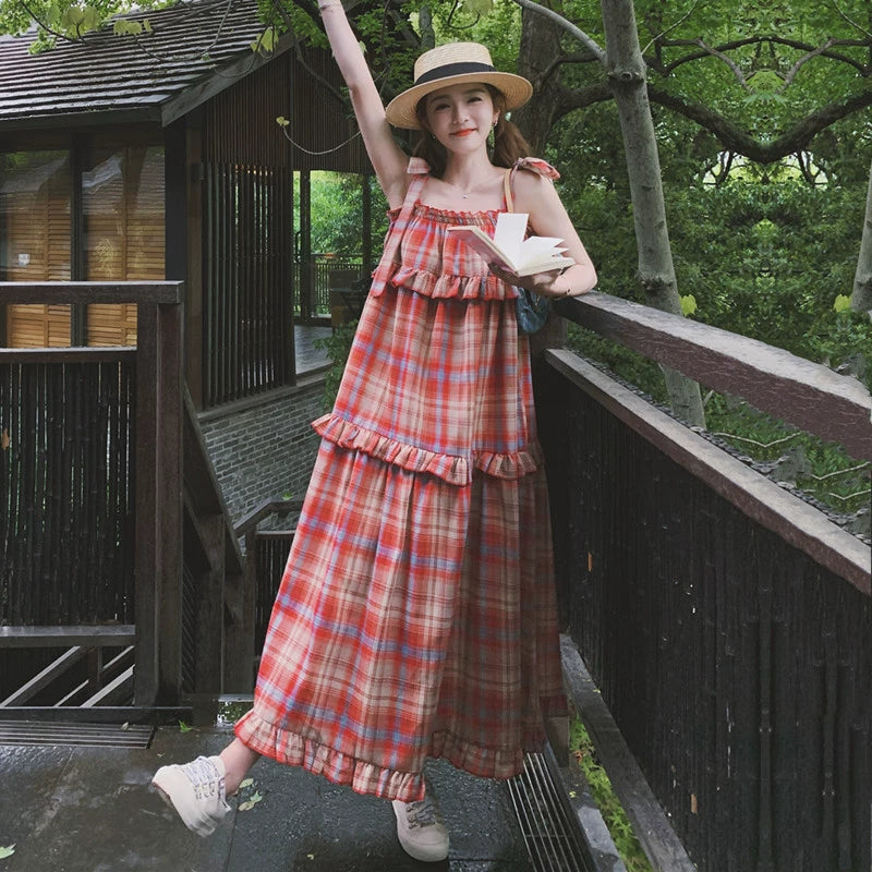 【ワンピース】海辺リゾート ゆったりシルエット 甘め優しげチェック柄ノースリーブワンピース【SHシリーズ】