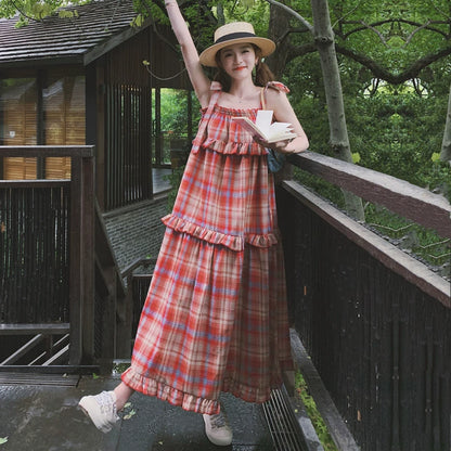 【ワンピース】海辺リゾート ゆったりシルエット 甘め優しげチェック柄ノースリーブワンピース【SHシリーズ】