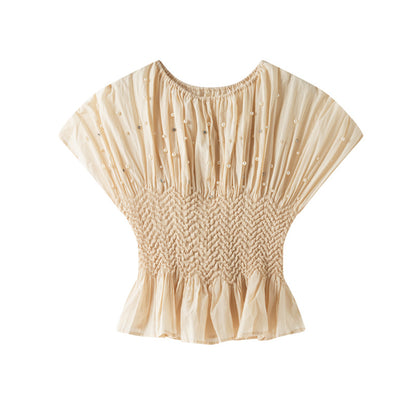 【トップス】夏 ビジュー付き プリーツデザイン クルーネック ブラウス 【SHシリーズ】