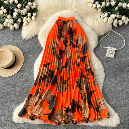 期間限定🍂60%OFF【ボトムス】レトロプリントAラインプリーツロングスカート レディース ハイウエスト 個性派デザイン きれいめ 通勤 大人っぽい【SHシリーズ】