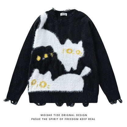 【トップス】秋冬 ねこ柄 破れ風 ダメージニット レトロ かわいい ゆったり 男女兼用 セーター【FCシリーズ】