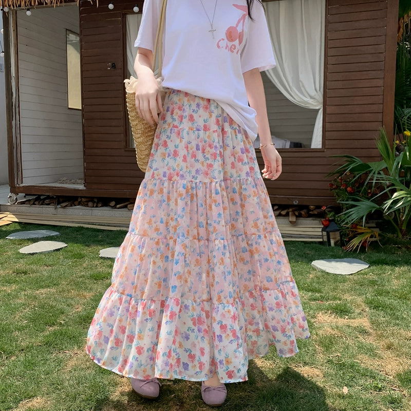 【ボトムス】花柄 スカート 新作 流行 レディース ハイウエスト Aライン フレア シフォンスカート【SHシリーズ】