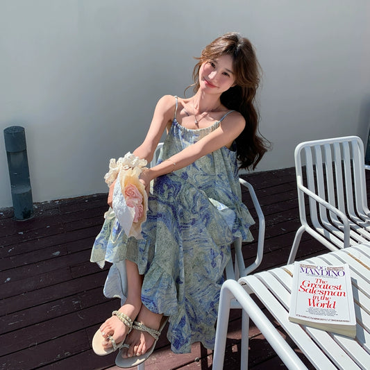 【ワンピース】フレンチロマンティック 油絵風 ノースリーブキャミワンピース 夏 ビーチリゾートドレス【SHシリーズ】
