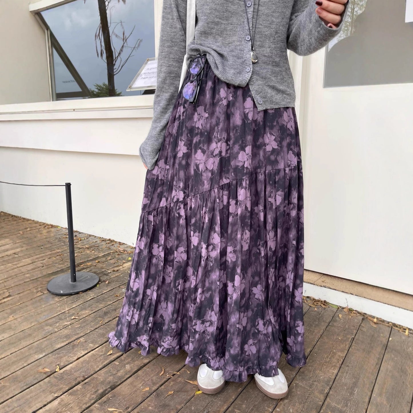 【ボトムス】花柄 ハイウエスト ゴム入り Aラインロングスカート レディース ゆったり 体型カバー  細見え シフォン 春夏秋コーデ万能【SHシリーズ】