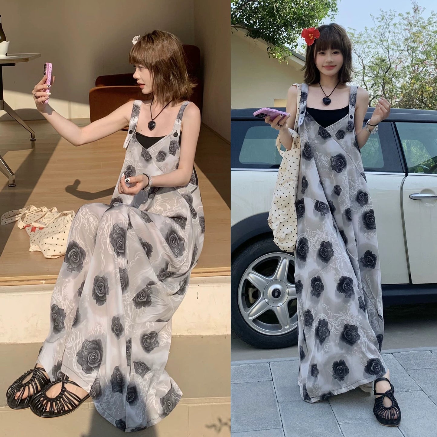 【ボトムス】夏新作 ヴィンテージ風 ローズ柄 ゆったりシルエット カジュアル オールインワン【SHシリーズ】