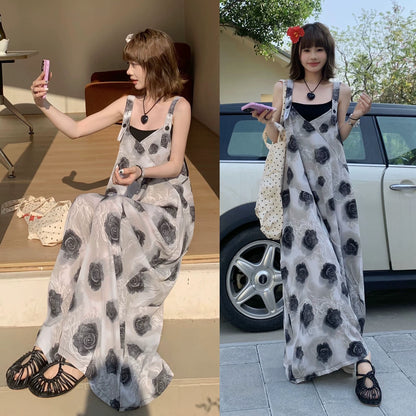 【ボトムス】夏新作 ヴィンテージ風 ローズ柄 ゆったりシルエット カジュアル オールインワン【SHシリーズ】