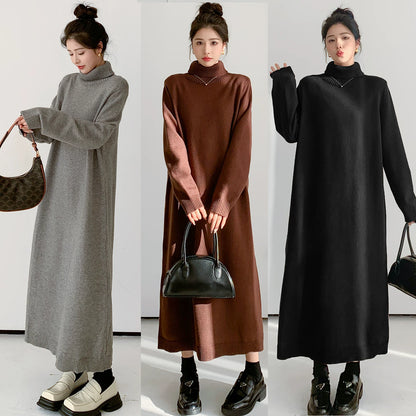 【ワンピース】韓国風ルーズシルエットハイネックニットワンピース レディース 秋冬新作 大きいサイズ 無地 ロング丈【JZシリーズ】