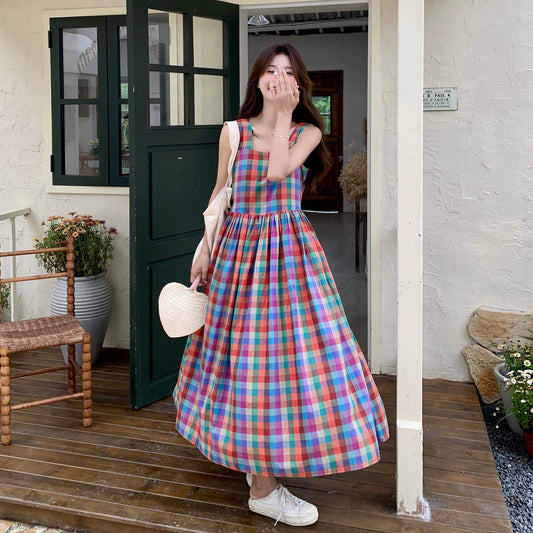 【ワンピース】夏 ドーパミンカラー チェック 高級感 シェイプアップ リゾート風 ノースリーブワンピース【SHシリーズ】