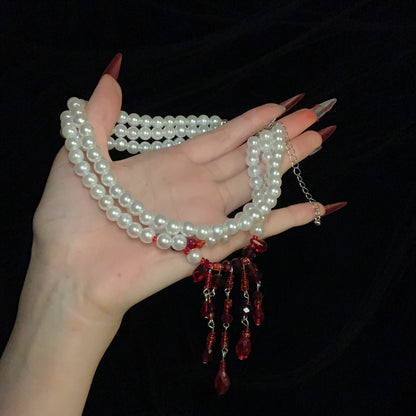 【ハロウィン】ゴシック風 血糊パール フリンジチョーカー ダークアクセサリー ネックレス