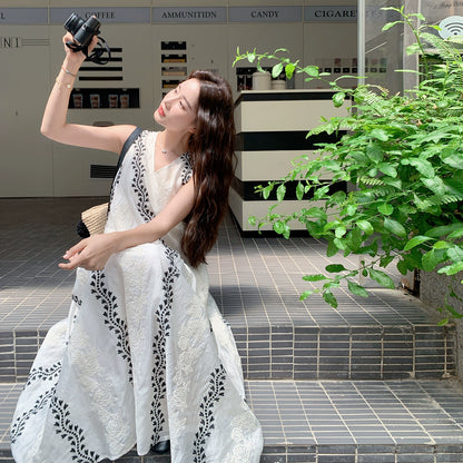 【ワンピース】気質 ノースリーブプリントワンピース 夏 韓国風 Vネック キャミロングドレス【SHシリーズ】