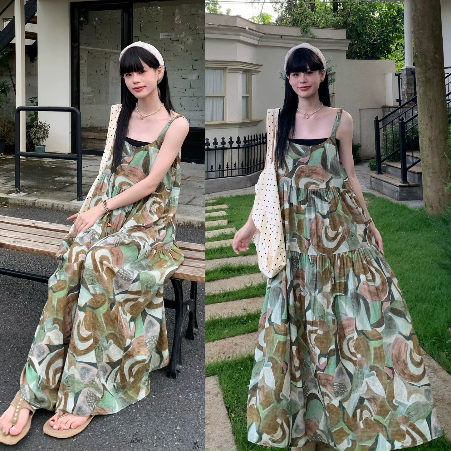 【ワンピース】キャミソールワンピース レディース 2026新作 夏 ハイウエスト フレア ロング丈 ノースリーブ リゾート 旅行 フォトジェニック ナチュラル【SHシリーズ】