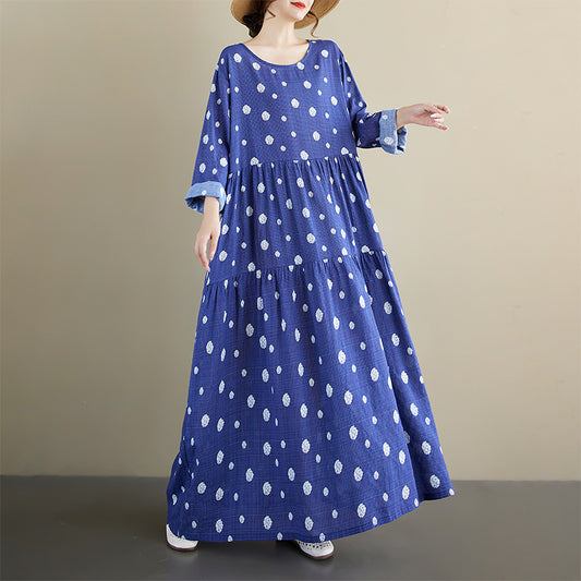 期間限定🍂60%OFF【ワンピース】リゾート風ドット柄ロングワンピース レディース 秋新作 大きいサイズ 長袖 ゆったり ボヘミアン【SHシリーズ】