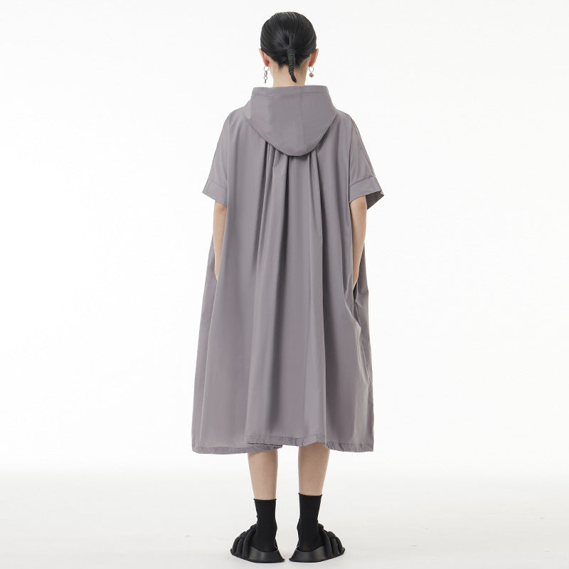【アウター】日系ダークモード風 シワ加工 フード付きトレンチ風ジャケット レディース 夏用 薄手 ゆったり 半袖 カジュアル 日焼け防止 カーディガン【ANシリーズ】