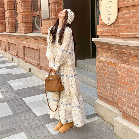 【ワンピース】レース切替 小花柄ワンピース レディース春新作 長袖 ゆったりシルエット 体型カバー 着痩せ ロング丈 韓国風ワンピース【SHシリーズ】