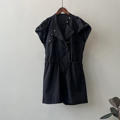 【ボトムス】ハイウエスト 夏 ワーク風 オールインワン  スタンドカラー フリルスリーブ シャツ風 ショート丈ジャンプスーツ【JZシリーズ】