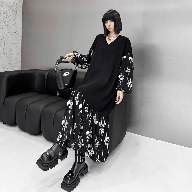 【ワンピース】おしゃれ フェイクレイヤード 切り替えVネックニット 長袖ワンピース ゆったりデザイン Aライン【AHシリーズ】