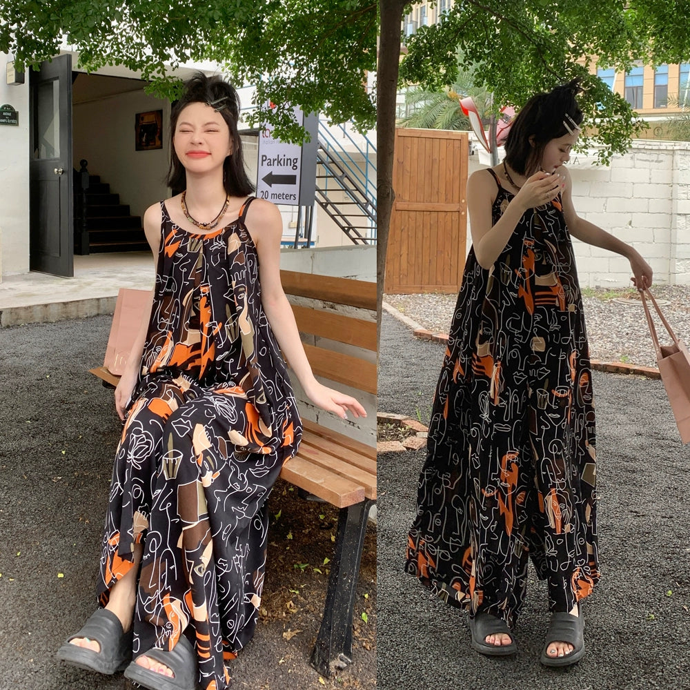 夏季藝術印花連身褲｜寬鬆oversize吊帶褲｜個性顯瘦休閒連體褲【SH系列】
