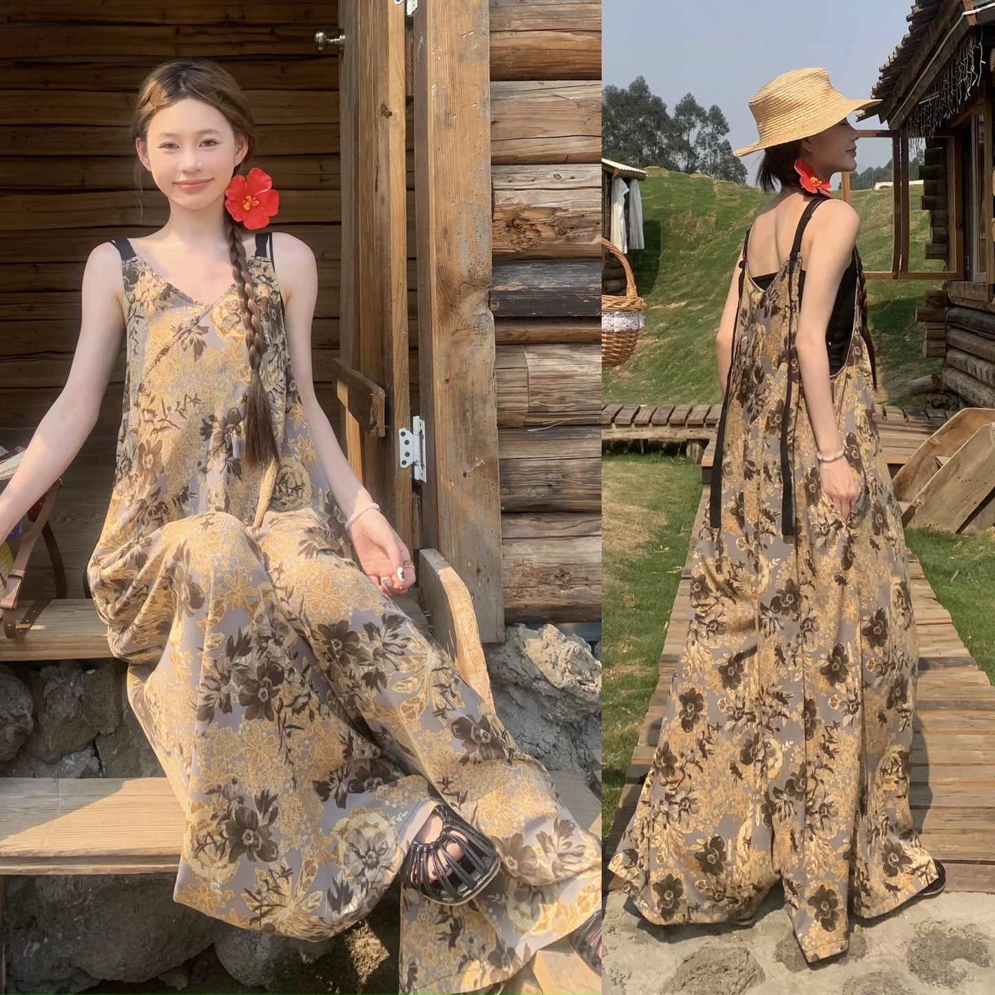 【ボトムス】ゆったりカジュアル 気質Vネック 夏のヴィンテージ風 ノマドテイストキャミオールインワン【SHシリーズ】