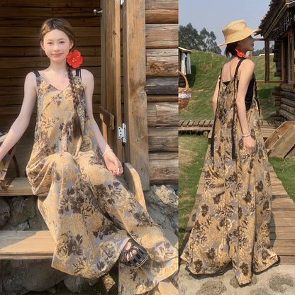 【ボトムス】ゆったりカジュアル 気質Vネック 夏のヴィンテージ風 ノマドテイストキャミオールインワン【SHシリーズ】