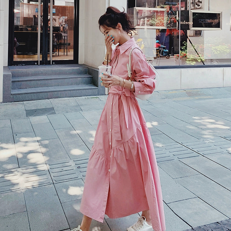 【ワンピース】高級感のある小洒落デザイン ピンク長袖シャツワンピース レディース 春秋 ユニークでおしゃれ 上品な大人風 ロングワンピース【JZシリーズ】