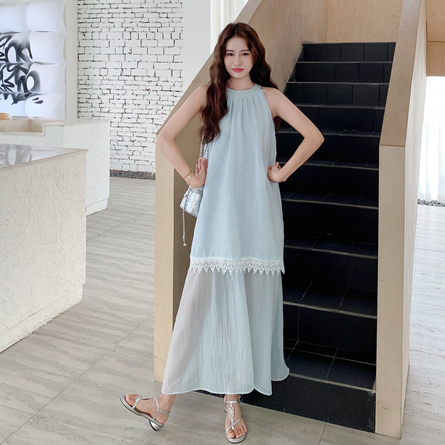 【ワンピース】フレンチ 気質美しい バカンス風 レースコンビネーション ノースリーブワンピース