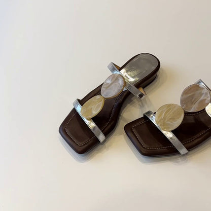 【シューズ】夏 新作 ワンストラップ スクエアトゥ アウトドア用 レトロ風 ローヒールフラットサンダル