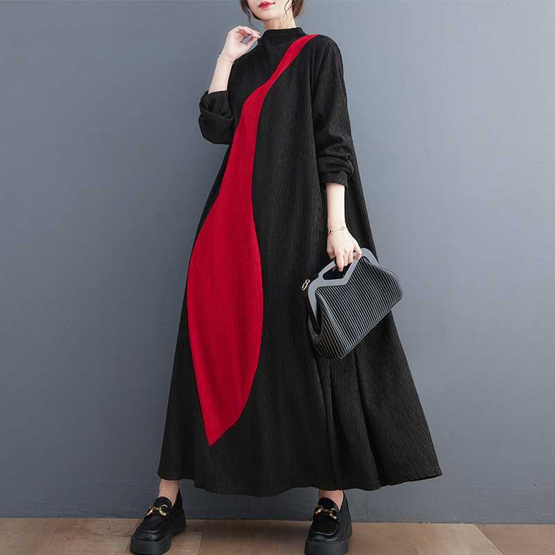 【ワンピース】文芸風 韓国風 配色切替 長袖 アシンメトリー ワンピース ミモレ丈 着痩せ シンプル【AHシリーズ】