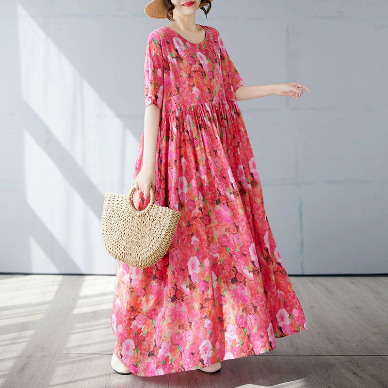 【ワンピース】レトロ 気質 花柄 細見え 半袖ワンピース【SHシリーズ】