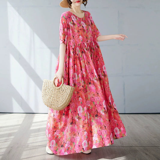 【ワンピース】レトロ 気質 花柄 細見え 半袖ワンピース【SHシリーズ】