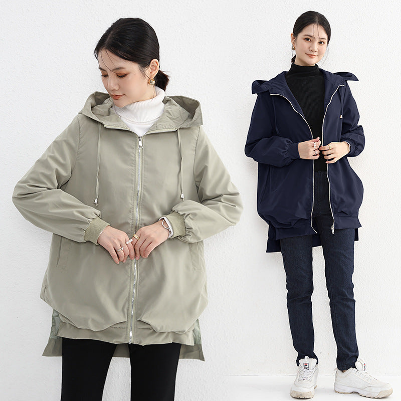 【アウター】春 秋 ゆったり 前短後長 ポケット トレンチコート ジャケット