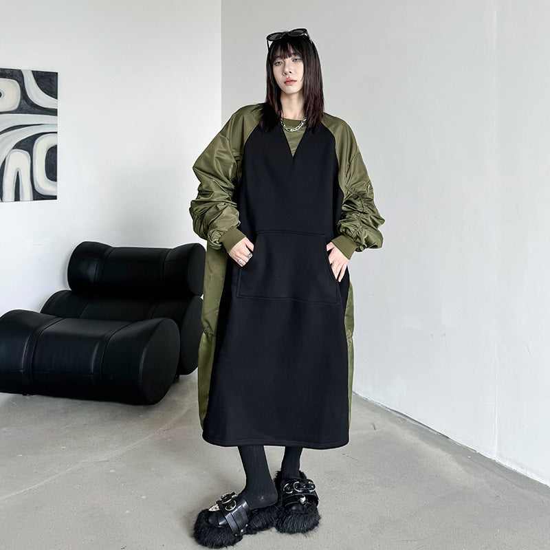 【ワンピース】春 秋 冬 クルーネック プリーツ配色切替 長袖 ワンピース 【AHシリーズ】