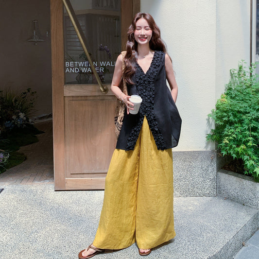 2点セット！【セットアップ】オードリー風 フリルVネック タンクトップ＋ハイウエストワイドパンツ 上下セット