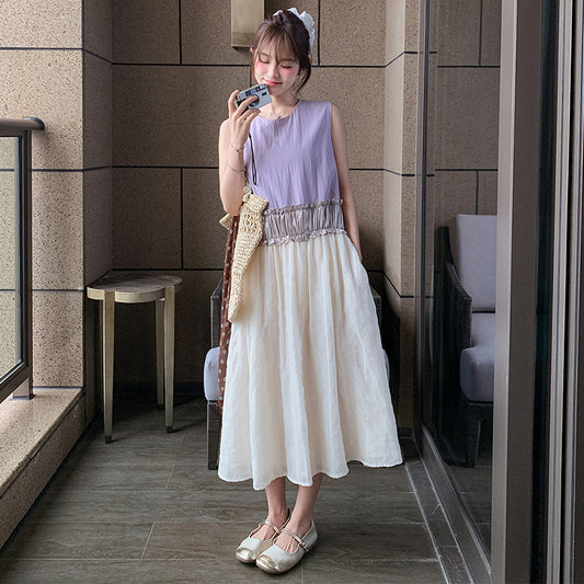 【ワンピース】韓国風  夏 シンプル  ゆったり 配色 ノースリーブワンピース