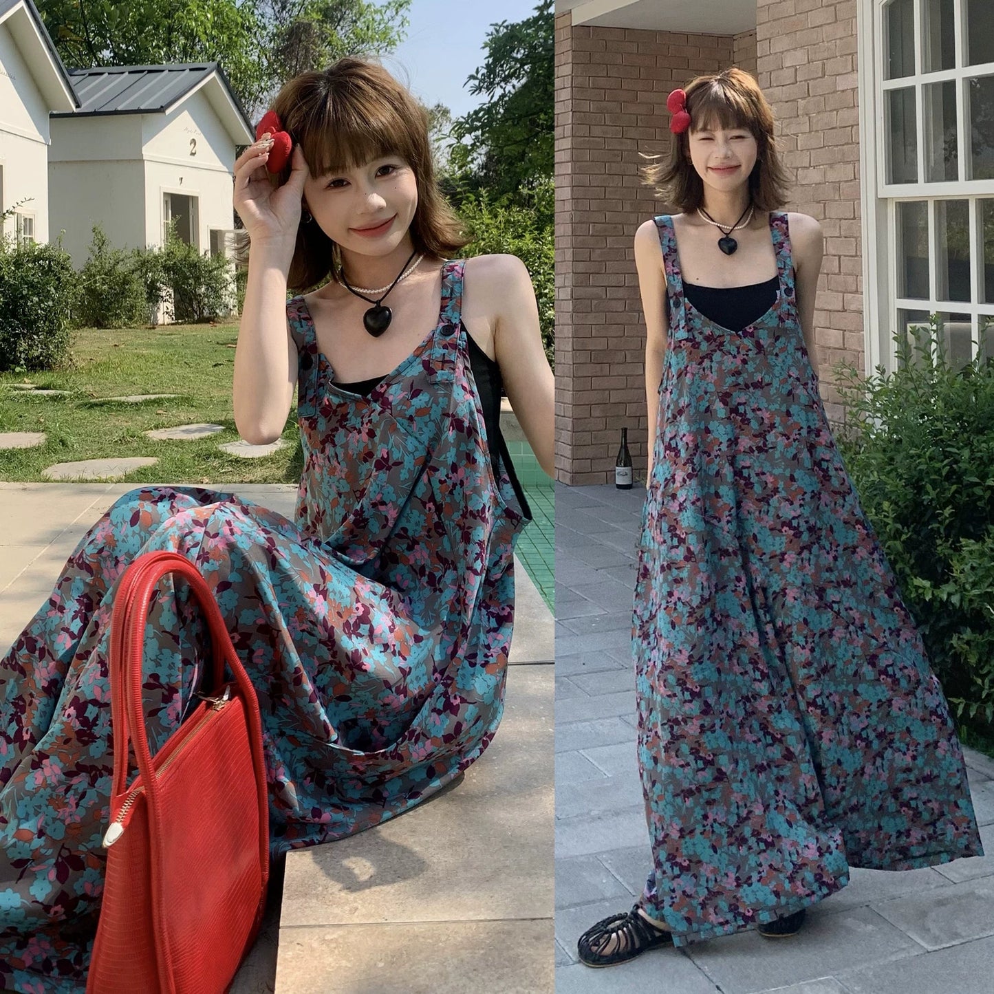 【ボトムス】夏新作 アートな雰囲気漂う Vネック 清涼感たっぷり ブルーフラワー柄サロペット オールインワン【SHシリーズ】