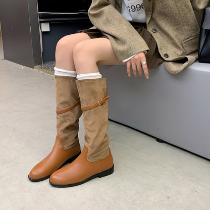 【シューズ】🍂キャラメルブラウン ベルト付きヴィンテージ風ハイカットウエスタンブーツ💫スエードラウンドトゥ レディース