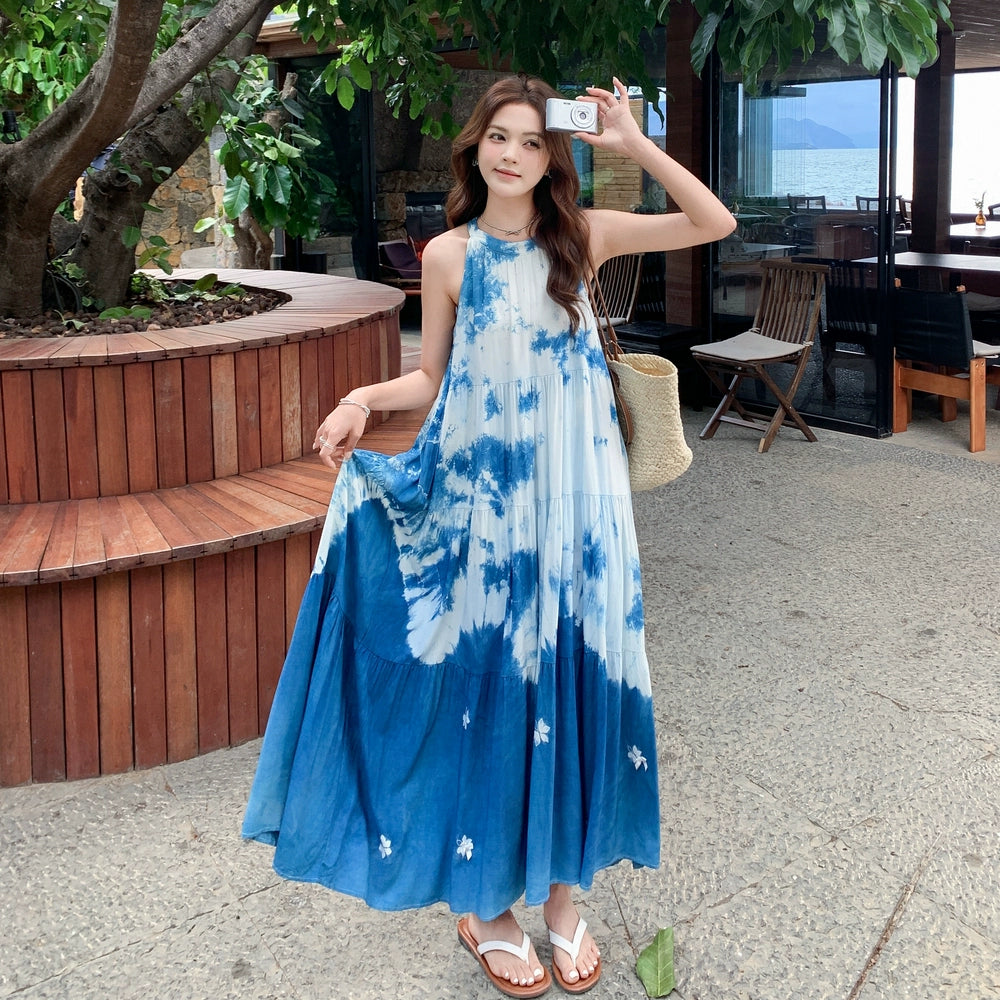 【ワンピース】夏新作 フレンチスタイル タイダイ柄 ノースリーブワンピース 着痩せ効果抜群【SHシリーズ】
