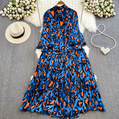 【ワンピース】シングルボタン プリント レディライク フレア 長袖 ワンピース 【SHシリーズ】