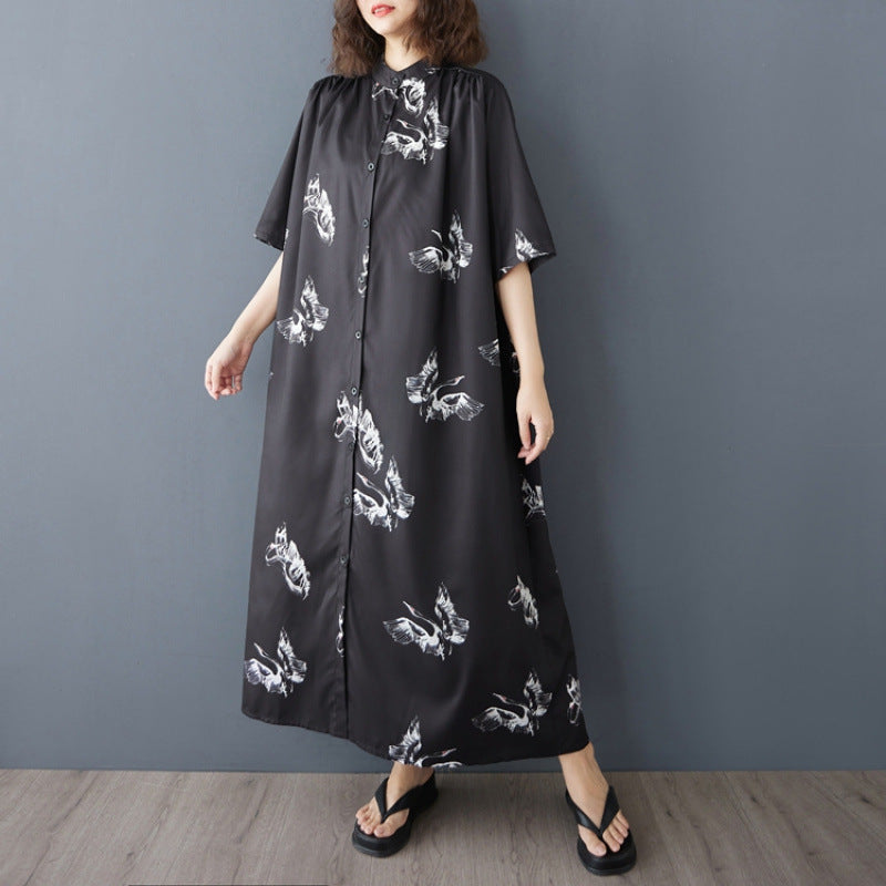 【ワンピース】白鶴の柄 レトロ ゆったりサイズ スタンドカラー 半袖 ロング シャツワンピース 大きいサイズ【SHシリーズ】