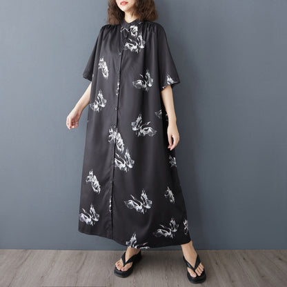 【ワンピース】白鶴の柄 レトロ ゆったりサイズ スタンドカラー 半袖 ロング シャツワンピース 大きいサイズ【SHシリーズ】