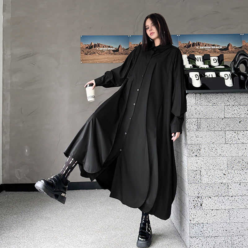 ワンピース】春 秋 冬 無地 裾アシンメトリー シャツワンピース 【AH
